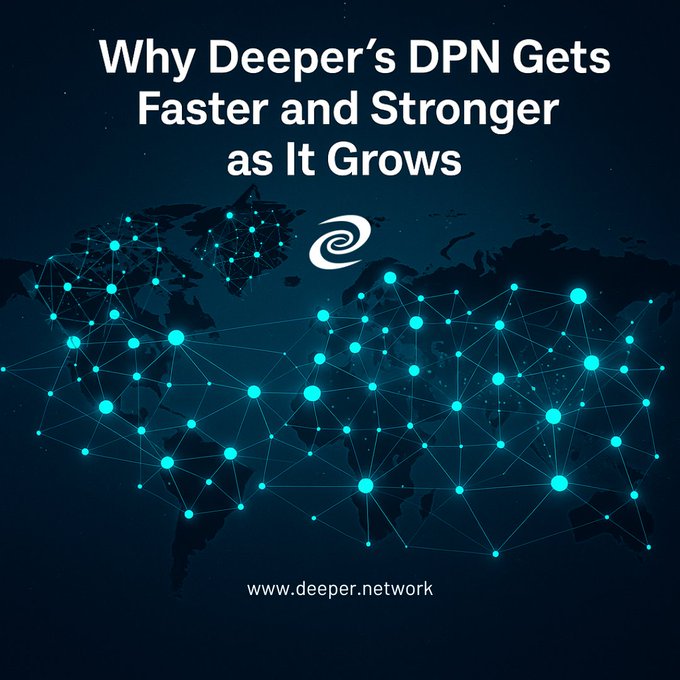 A promotional graphic for Deeper Network titled 'Why Deeper's DPN Gets Faster and Stronger as It Grows', featuring a glowing blue network node map over a world map with their website www.deeper.network.