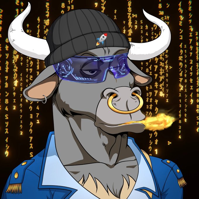 An illustrated bull wearing a beanie, VR goggles, and a nose ring, breathing fire against a background of falling Matrix-style code.