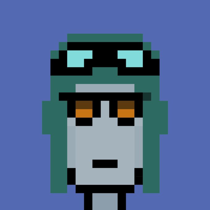 A pixel art character with teal/green headwear, light blue goggles, and orange eyes set against a purple background, resembling a CryptoPunk-style NFT.