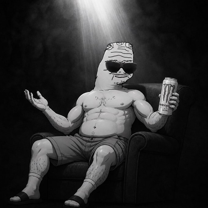 A black-and-white illustration shows a muscular, bald humanoid figure with facial tattoos wearing sunglasses, lounging in an armchair while drinking from a can of Monster Ultra beer under a spotlight.