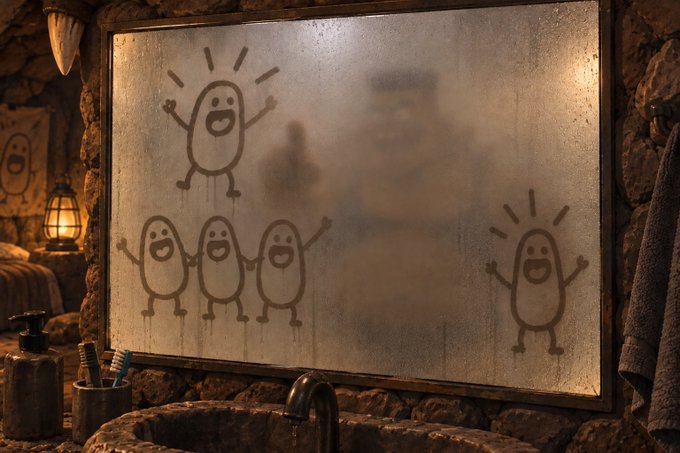 A foggy mirror in a rustic stone bathroom reflecting a blurry figure, decorated with cartoon-like stick figure drawings, with a toothbrush holder and stone sink visible below.