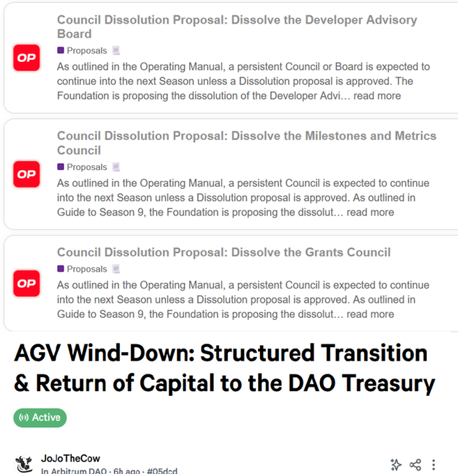 The image shows three Optimism (OP) governance proposals to dissolve the Developer Advisory Board, Milestones and Metrics Council, and Grants Council, followed by a discussion thread titled "AGV Wind-Down: Structured Transition & Return of Capital to the DAO Treasury" by JoJoTheCow. The proposals support the post's claim that DAO stakeholders are capitulating, as even the Council members themselves are proposing to dissolve their own governance bodies, signaling a broader retrenchment from DAO operations.