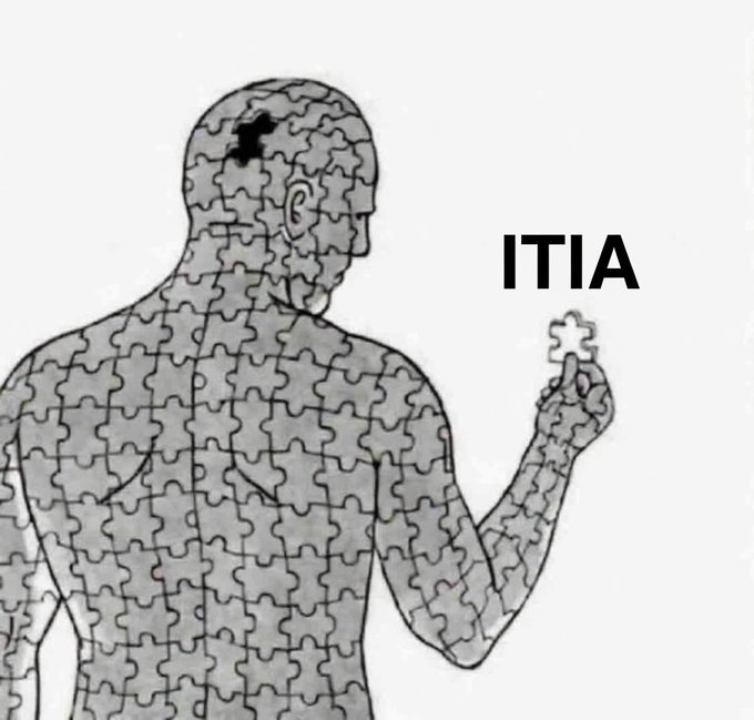 An illustration of a human figure composed of jigsaw puzzle pieces, with a missing piece in the head area; the figure holds the missing piece, with the text "ITIA" displayed prominently.