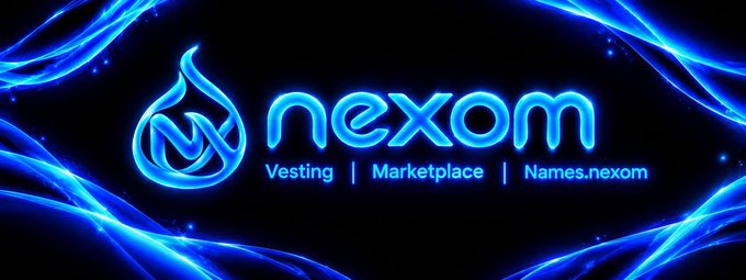 A banner for "nexom" with a blue water-drop/flame logo on a black background with blue energy waves, listing "Vesting | Marketplace | Names.nexom" below the name.