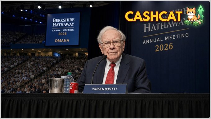 A photo of Warren Buffett speaking at the Berkshire Hathaway Annual Meeting 2026 in Omaha, with a 'CASHCAT' logo and cartoon cat with an upward arrow overlaid in the top right corner.