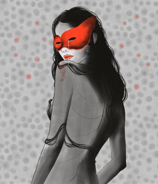 An illustration of a long-haired woman wearing a red mask and shown from behind against a dotted gray background.