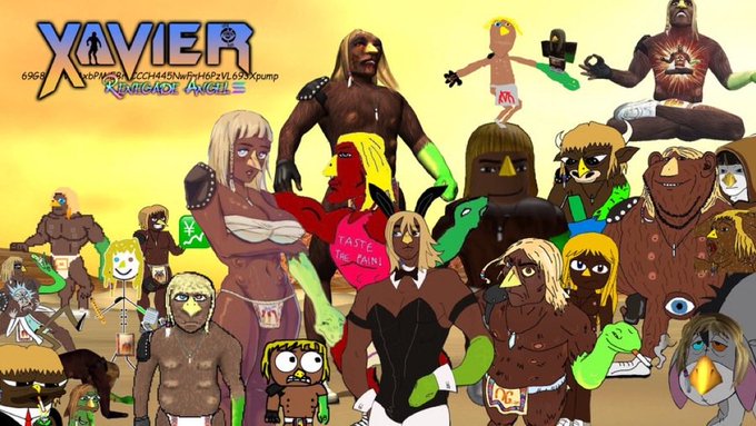 The image is a vibrant, meme-style illustration titled "XAVIER: Renegade Angel" featuring a chaotic ensemble of the show's grotesque, oddly-proportioned characters—including the titular Xavier (top right with a sun-burst torso) and other bizarre humanoid and animalistic figures—set against a yellow sky. The colorful collage captures the surreal, low-budget humor of the Adult Swim series, which the accompanying post promotes as endlessly memeable content on the Shillz platform.