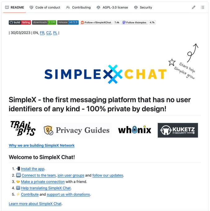 A screenshot of SimpleX Chat's GitHub README page showing it as a privacy-focused messaging platform (v6.5.5) with 11M downloads, no user identifiers required, and an invitation to install the app and join the community, directly illustrating the post's claim about a messenger that requires no phone number, email, username, or user ID.