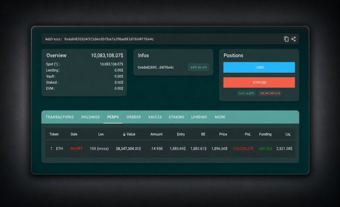 A dark-themed cryptocurrency trading dashboard displaying an address overview of $10,083,108,075, with positions for USDC and ETH-USD and a SHORT ETH trade showing a large unrealized PnL.
