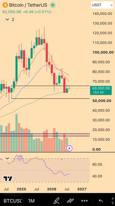 A TradingView monthly chart of BTCUSD (Bitcoin/TetherUS) showing a current price of 63,050.06, down 6.49%, with candlestick price action, moving averages, and a descending RSI oscillator. The image fits the post's theme by displaying BTC's technical weakness against the rival "HYPE" coin in a "Choose your Fighter" battle between Bitcoin's downturn and Hyperliquid's momentum.