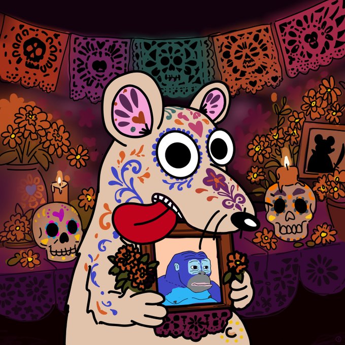 The image features a cartoon mouse dressed up in colorful face paint, holding a picture frame containing an image of another cartoon character. The mouse's mouth is open wide, as if it has just finished eating or speaking with someone. The background includes a festive atmosphere with various decorations and flowers, suggesting that the scene takes place during a holiday celebration. The post about @CataronOfficial also mentions the presence of other talented individuals on the network, indicating that this image might be part of a larger online community sharing their artwork and creations.