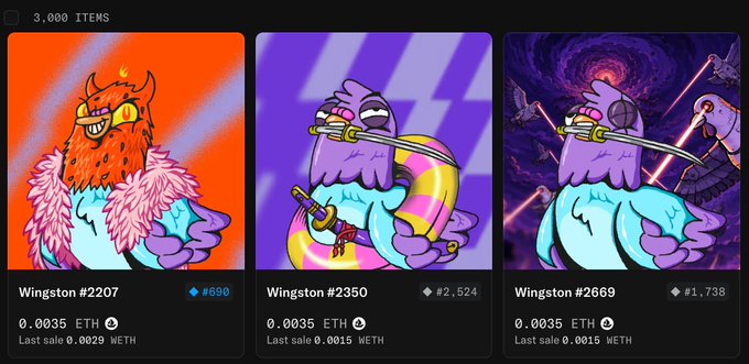 A NFT marketplace listing showing three 'Wingston' collectibles (#2207, #2350, #2669) with prices of 0.0035 ETH each, with the third marked as a 1X listing.