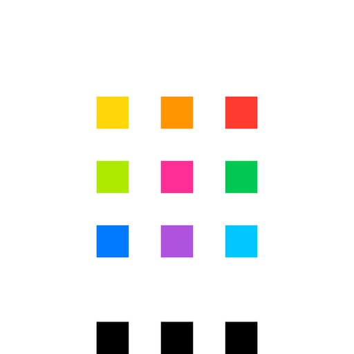 A 3x4 grid of colored squares in yellow, orange, red, lime green, pink, green, blue, purple, cyan, black, black, and black on a white background.