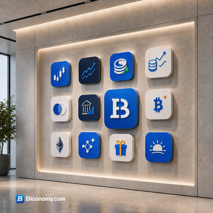 Modern lobby display featuring illuminated 3D icons related to finance and cryptocurrency on a wall, with 'B Biconomy.com' branding at the bottom.