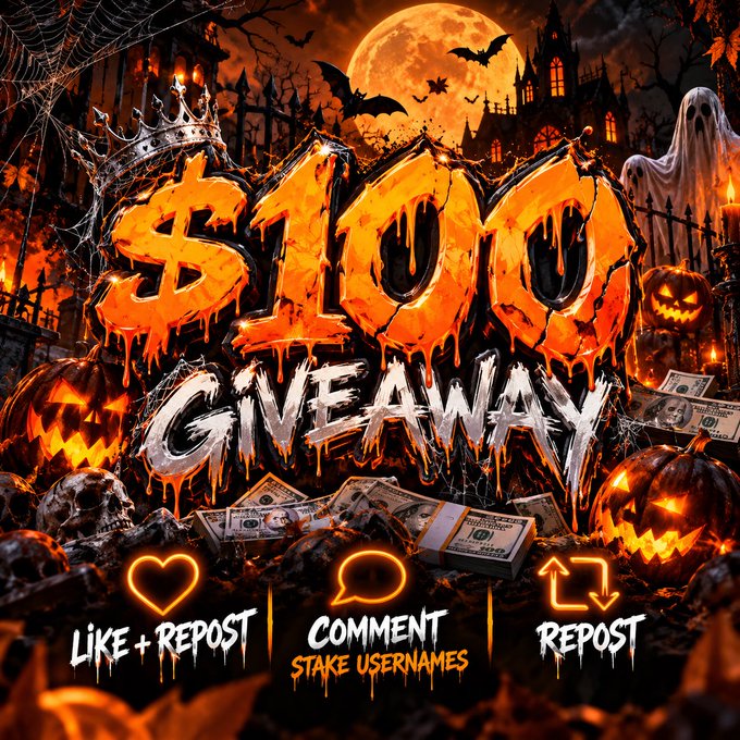 A Halloween-themed promotional graphic announcing a "$100 Giveaway" with instructions to "LIKE + REPOST," "COMMENT STAKE USERNAMES," and "REPOST." The spooky design features dripping orange text, a full moon, bats, a haunted castle, ghosts, jack-o'-lanterns, and bundles of $100 bills, all tying into the giveaway's eerie seasonal aesthetic.