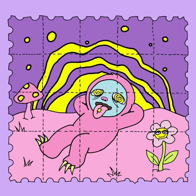 A trippy, psychedelic drawing in the style of a postage stamp, depicting a pink creature with swirling eyes holding its head, surrounded by mushrooms and a flower.