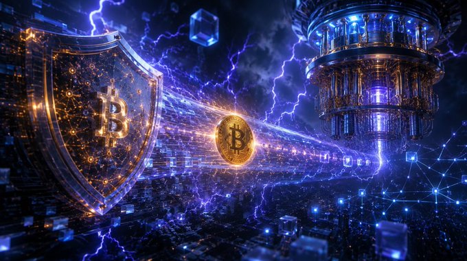 Digital artwork featuring a glowing Bitcoin coin in front of a shield with the Bitcoin 'B' logo, alongside a quantum computer-like structure, with lightning and blockchain network graphics.