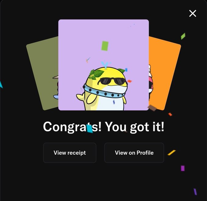 A celebratory "Congrats! You got it!" pop-up screen displays a cartoon whale character wearing sunglasses and a headband, surrounded by confetti. The accompanying post from @whacky_whales context suggests this is a sweepstakes or giveaway win notification, celebrating the user's successful participation in the "Top Sweepers" challenge.