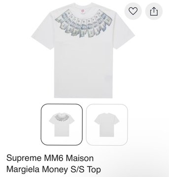 A product listing showing a white t-shirt with money bills printed around the collar, labeled 'Supreme MM6 Maison Margiela Money S/S Top'.