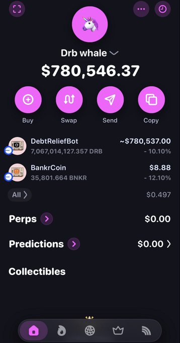 A Rainbow wallet screenshot shows "Drb whale" holding $780,546.37, with DebtReliefBot (DRB) making up ~$780,537 of the portfolio at 7,067,014,127.357 tokens (down 10.10%), alongside smaller holdings in BankrCoin (BNKR) and others. The image illustrates the context of a post highlighting a wallet loaded up with 7% of DRB's supply, suggesting the whale's massive position signals something significant ahead for the token.