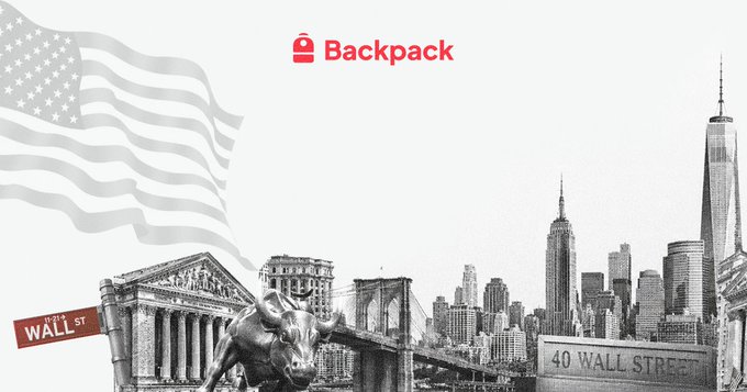 Branding graphic for 'Backpack' featuring the red Backpack logo, an American flag, the Wall Street Bull statue, the Brooklyn Bridge, and the New York City skyline with '40 WALL STREET' signage.