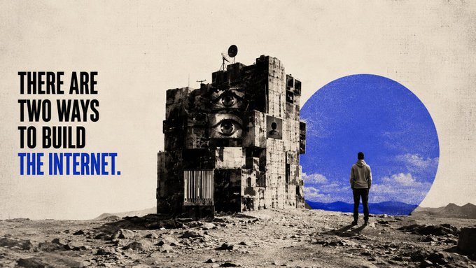 A weathered building with eyes stands in a desert landscape next to a person facing a bright blue portal, paired with the text "THERE ARE TWO WAYS TO BUILD THE INTERNET."—visually contrasting a watchful, centralized system with an open, user-empowered alternative, aligning with Polkadot's message of decentralized ownership.