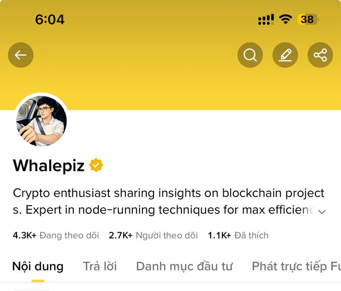 A profile screenshot of "Whalepiz" with a yellow verified badge, showing 4.3K+ followers, 2.7K+ followers, and 1.1K+ likes, with a bio describing a crypto enthusiast focused on blockchain projects and node-running. The profile appears to be promoting Binance Square's gold accumulation feature, using the platform's follower metrics to build credibility for the "mutual support" trading invite in the post.
