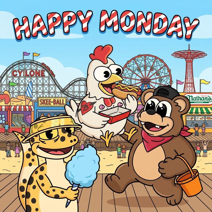 A cheerful cartoon illustration of a chicken holding a hot dog, a leopard in a hat with blue cotton candy, and a bear with a bucket at a boardwalk amusement park, with 'HAPPY MONDAY' in candy-cane letters.