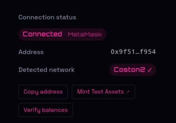 A wallet connection interface displays 'Connection status: Connected - MetaMask' with address '0x9f51...f954', detected network 'Coston2', and buttons to copy address, mint test assets, and verify balances.
