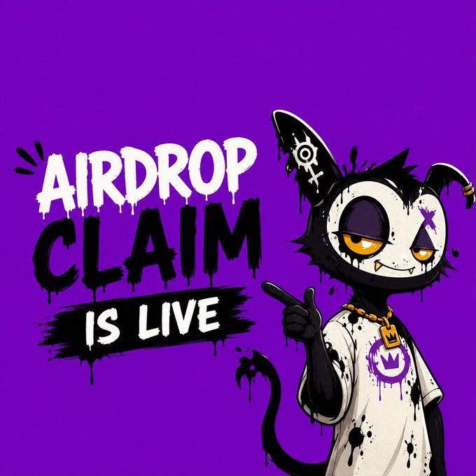 A cartoon black cat character in a paint-splattered shirt points at bold text reading "AIRDROP CLAIM IS LIVE" against a purple background, visually announcing the InkToons $TOKEN airdrop now available to both eligible holders and public participants.