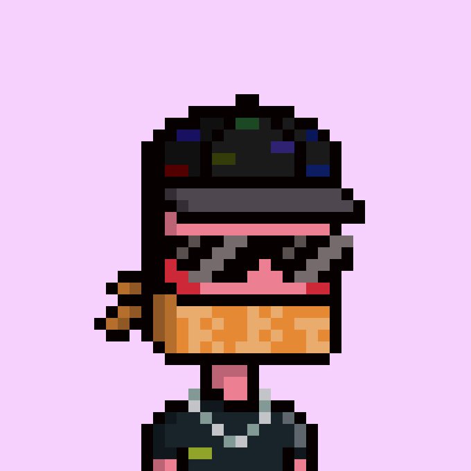 The image features a cartoon character wearing sunglasses and a hat with various colors. The character has a black shirt and a necklace around their neck. They are standing against a pink background, which contrasts with the colorful elements of their attire. The caption below the image reads "gm if you love NFTs and pixelsss, new day let's get it..."