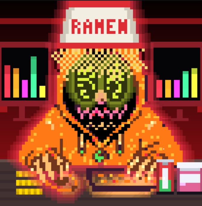 A pixel-art illustration depicts the rektguy character wearing a "RAMEN" hat, appearing as a ramen chef with noodles and ingredients on a counter, framed by bar charts. The image celebrates the rektguy NFT project, with the post congratulating "@rektguy" and tagging co-creators @osf_rekt and @iliketabz on the release.