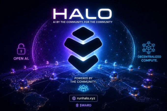 A promotional graphic for 'HALO - AI BY THE COMMUNITY, FOR THE COMMUNITY' featuring a central logo, with icons for 'OPEN AI', 'DECENTRALIZED COMPUTE', and 'POWERED BY THE COMMUNITY', along with the URL runhalo.xyz and $WARD token.