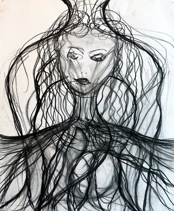 An expressive charcoal sketch depicts a figure with horns, wild flowing hair, and an intense gaze.