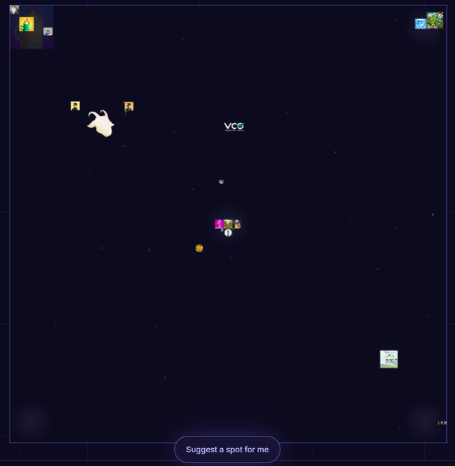 A dark-themed multiplayer online game or social map interface showing avatars including a ghost and a user labeled 'vco', with a 'Suggest a spot for me' prompt at the bottom.
