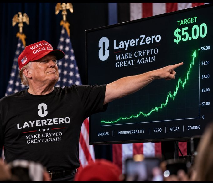A promotional image for LayerZero ('MAKE CRYPTASTIC GREAT AGAIN') showing a figure in LayerZero merchandise pointing at a stock chart with a $5.00 target price, with features listed: Bridges | Interoperability | Zero | Atlas | Staking.