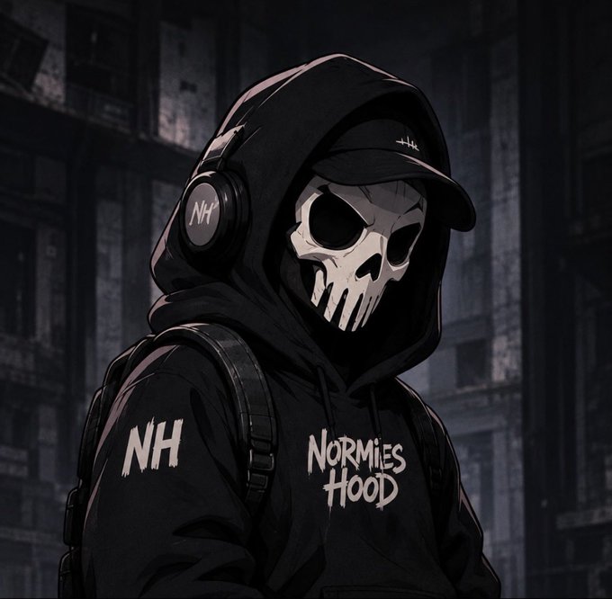 A stylized dark illustration of a hooded figure wearing a skull mask, black cap, and headphones, with the text 'NH' on the headphones and 'NORMIES HOOD' printed on the hoodie.
