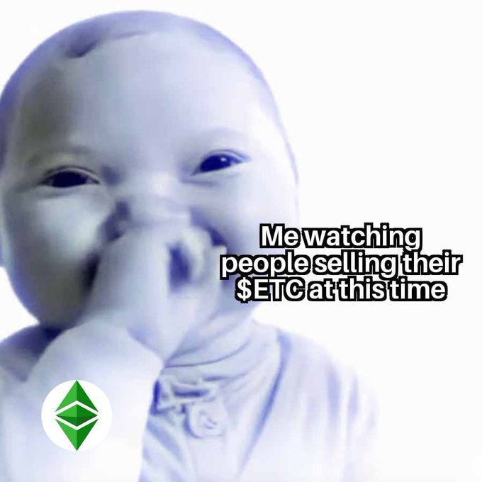A meme showing a baby covering its mouth with the text 'Me watching people selling their $ETC at this time' alongside the Ethereum Classic logo.