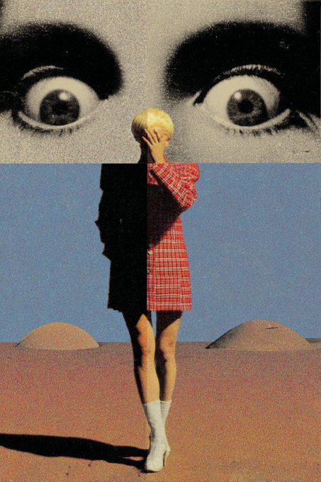 A surreal collage showing a person in a red plaid dress covering their face, set against a backdrop of giant disembodied eyes watching over a desert landscape.
