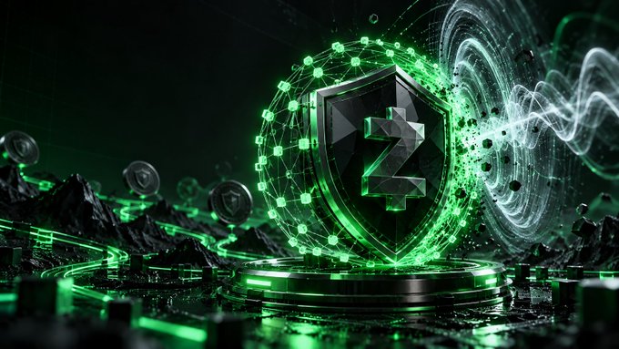A 3D digital artwork showing a glowing green shield emblem with a geometric symbol, surrounded by an intricate network sphere and energy waves on a dark, futuristic platform.