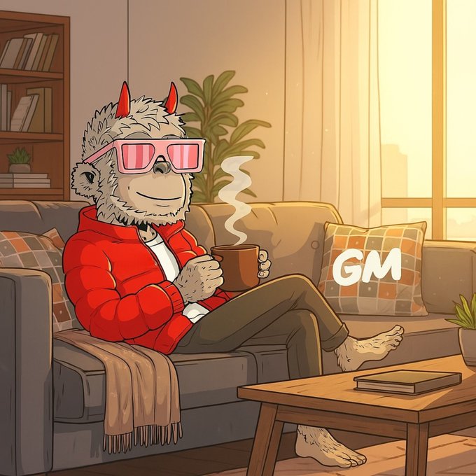 A furry devil-horned character wearing pink sunglasses lounges on a couch in a cozy sunlit living room, holding a steaming cup of coffee, with "GM" displayed on a pillow beside them—perfectly matching the "GM CT FAM Happy weekend" post greeting crypto/Web3 builders for a relaxed morning vibe.