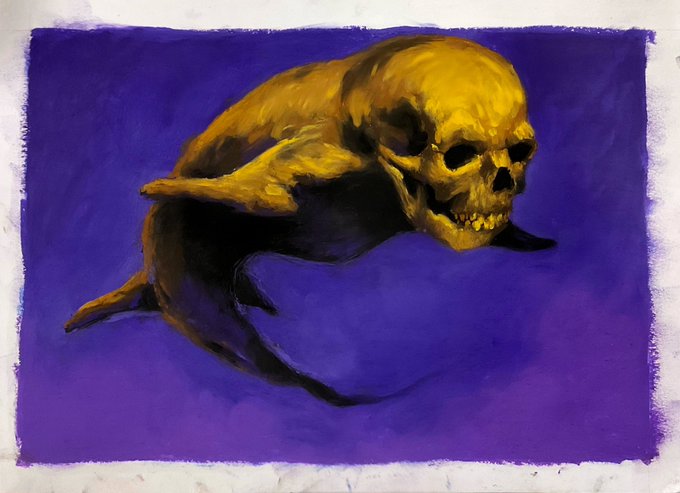 A painting featuring a golden skull and skeletal torso set against a deep purple background.