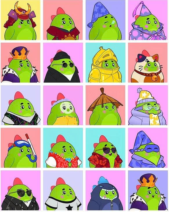 Grid of 20 cartoon green bird/duck characters with various costumes and accessories including samurai armor, wizard hats, king crown, knight armor, diving mask, pineapple hat, graduation cap, and sunglasses, each on different colored backgrounds.