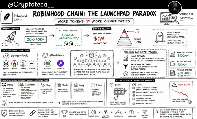 An infographic titled "Robinhood Chain: The Launchpad Paradox" argues that despite 20k-40k+ daily token launches and a $1M peak market cap, the top tokens gain less than 1% while 99% see meaningful losses, noting that platforms like @pond0x, @TradePools, and Ponzis fail because "deposits expand faster than opportunity," leading to value concentration rather than distribution.