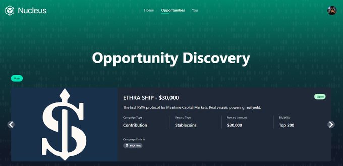 A Nucleus 'Opportunity Discovery' page featuring an ETHRA SHIP bounty with a $30,000 reward amount, Contribution campaign type, and Stablecoins reward type, categorized under Top 200 eligibility.