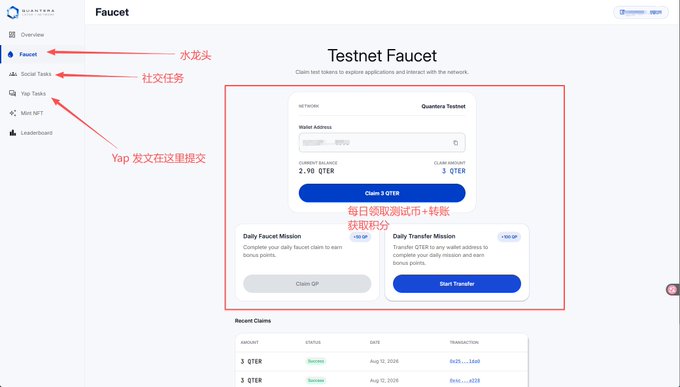 A Testnet Faucet webpage for Quanter on the Nautilus Chain platform, featuring Chinese annotations pointing to Faucet, Social Tasks, Yap Tasks, and daily claim options for 2 QTER.