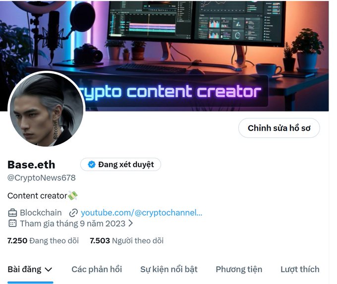 Social media profile page for 'Base.eth' (@CryptoNews678), a content creator with 7,250 following and 7,503 followers, featuring a 'crypto content creator' banner with a neon-lit gaming setup.