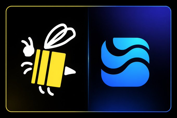 A graphic showing two logos side by side: a yellow cartoon bee/bug with 'JVB' lettering on black, and a blue wave-like 'S' logo on a dark blue background.