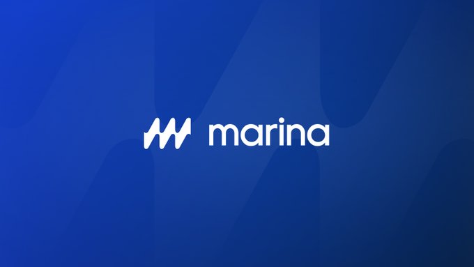 The image displays a logo with a stylized white "W" or wave-like icon next to the word "marina," set against a blue background with subtle abstract shapes. Notably, the "marina" branding does not match the post about $BAY token conversion, suggesting a potential mismatch between the image and the announcement's intended branding.