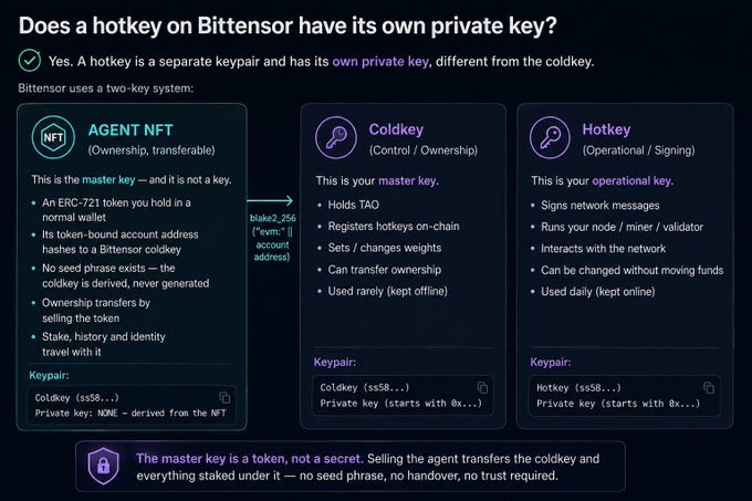 An infographic explaining that a hotkey on Bittensor has its own private key, showing a two-key system with Agent NFT, Coldkey, and Hotkey components.